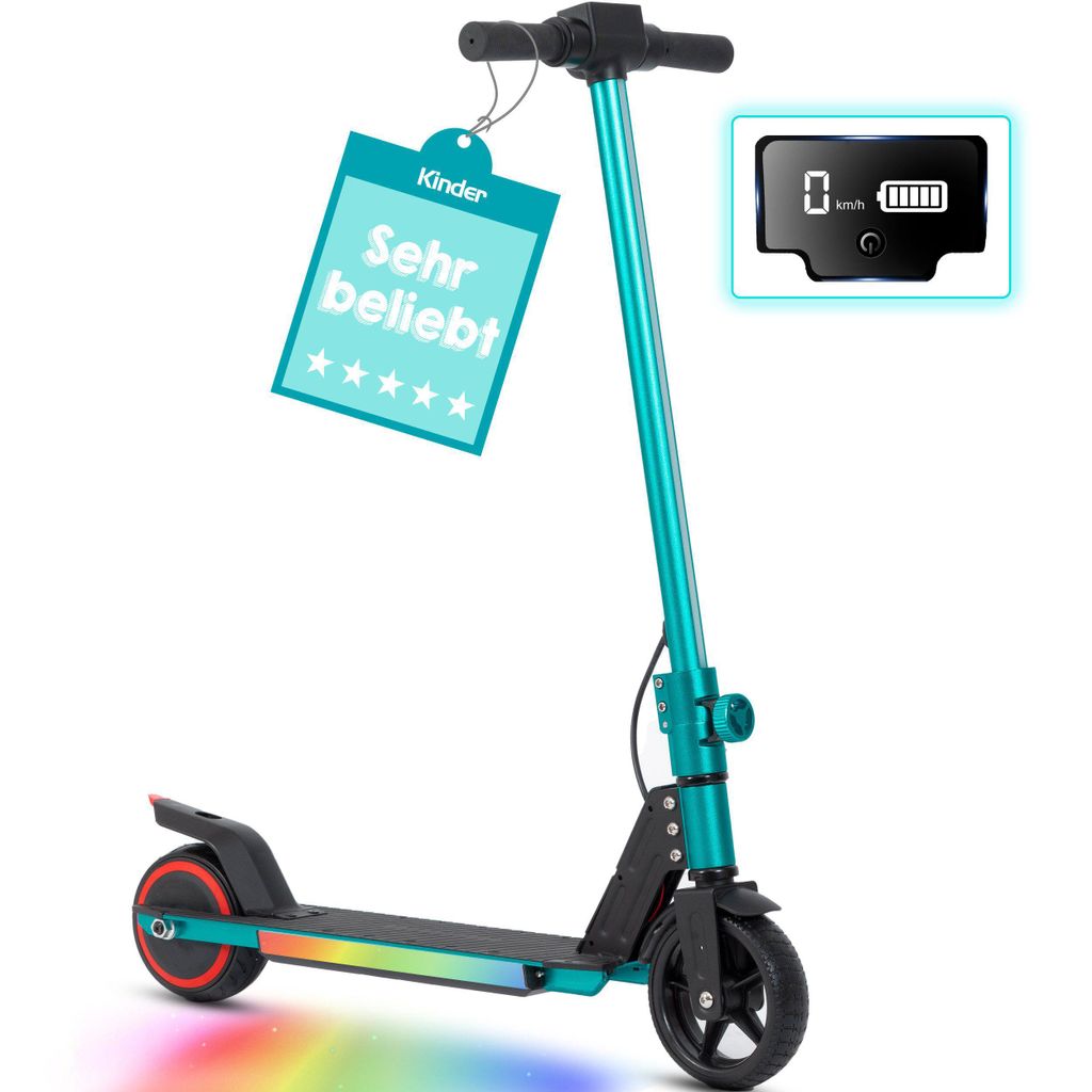 Cityroller Kinderroller ab 6 jahre, 10km, mit LED Leuchten, klappbar, Tretroller 150 W, 14 km/h, (bis 80kg, EBS+Fußbremse, klappbare Aluminiumrahmen)