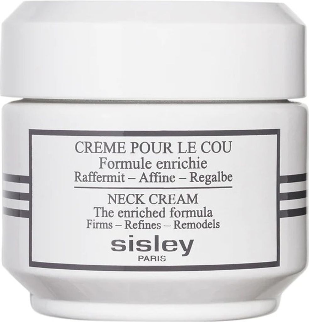 A white jar of Sisley Neck Cream with text on the label.