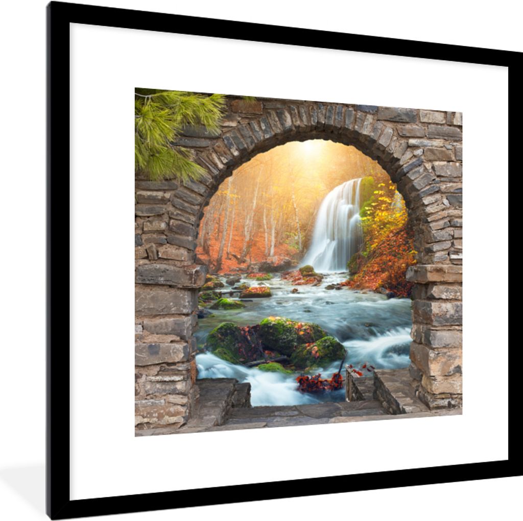 MuchoWow Gerahmtes Poster Aussicht - Wasserfall - Herbst - Landschaft 40x40 cm - Poster mit Schwarzem Bilderrahmen Wandposter Rahmen Foto Bilder ...
