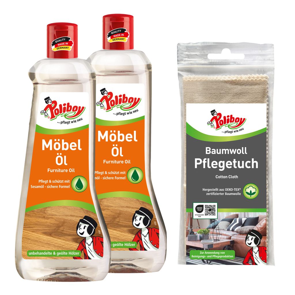 Poliboy Möbel Öl - 2x500ml - Nährendes Holzpflegemittel für Holzmöbel - Farbloses Holzöl - Mit Baumwolltuch - 99A5901