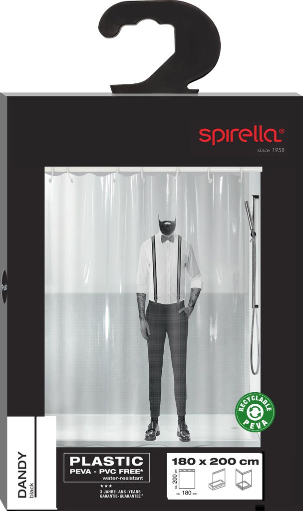 Spirella Anti-Schimmel Duschvorhang "Dandy" Anti-Bakteriell, waschbar, wasserdicht PEVA 180x200cm durchsichtig