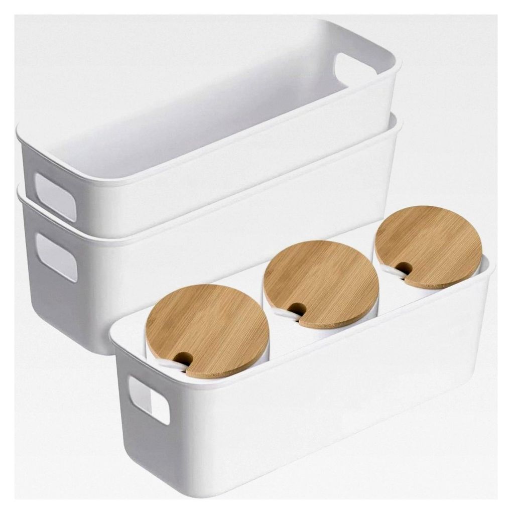 3 Stück Aufbewahrungsboxen Weiß, Kunststoff Aufbewahrungskörbe, Organizer Box mit Griffen für Küchenschrank, Badezimmer und mehr (28×9,5×10cm)