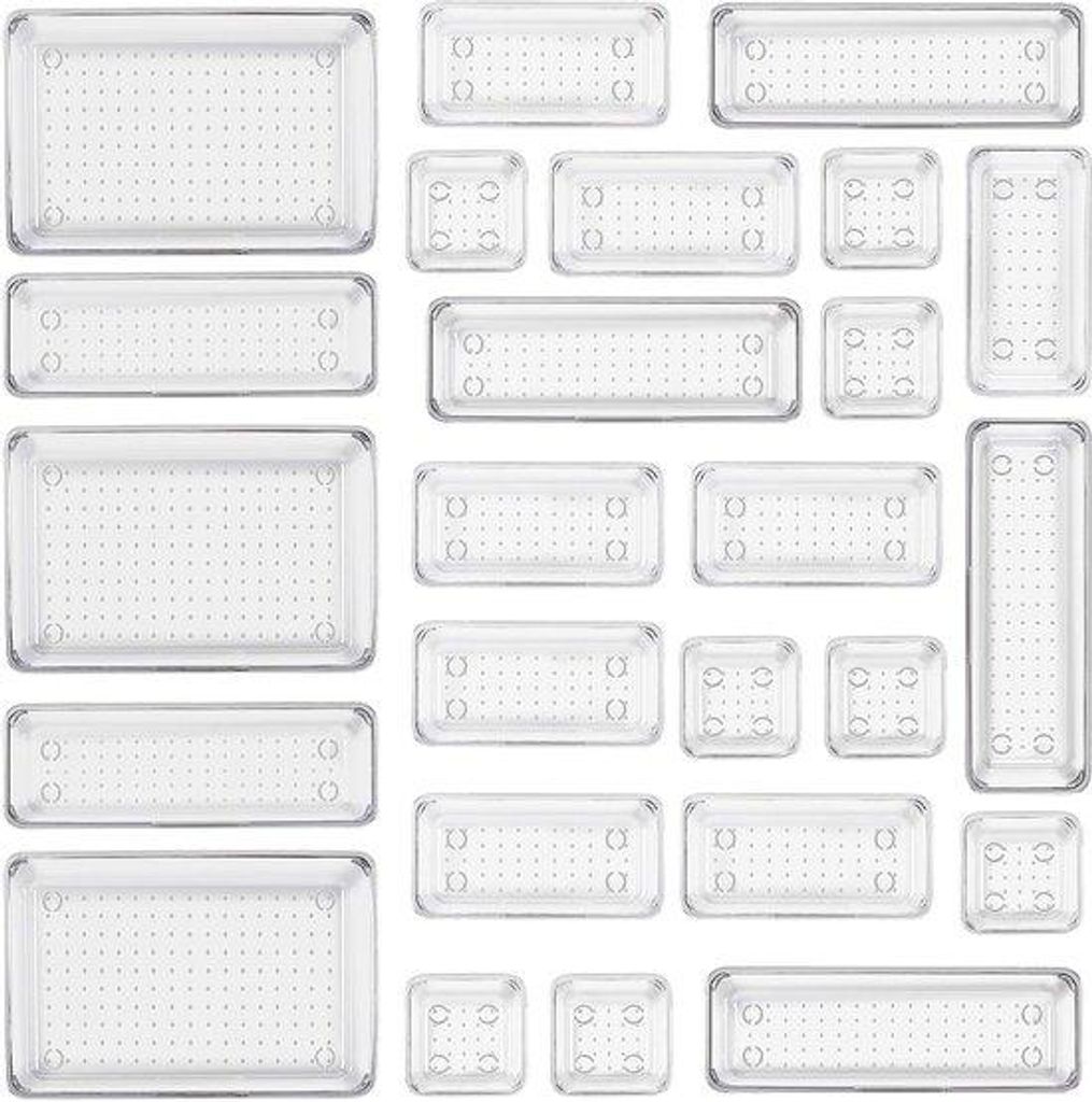 Transp. Lade-Organizer 25er mit Make-up-Organizer in 4 Farben, Antislip-Transp. Make-up-Organizer für Badezimmer, Kosmetik, Kommode, Küche, Büro