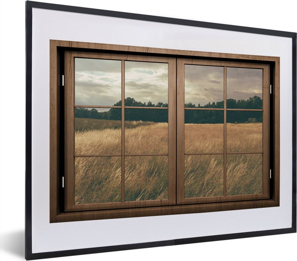 MuchoWow MuchoWow Gerahmtes Poster Blick durch - Fenster - Weizenfeld 40x30 cm - Poster mit zchwarzem Bilderrahmen - Bilderrahmen - Poster im R...