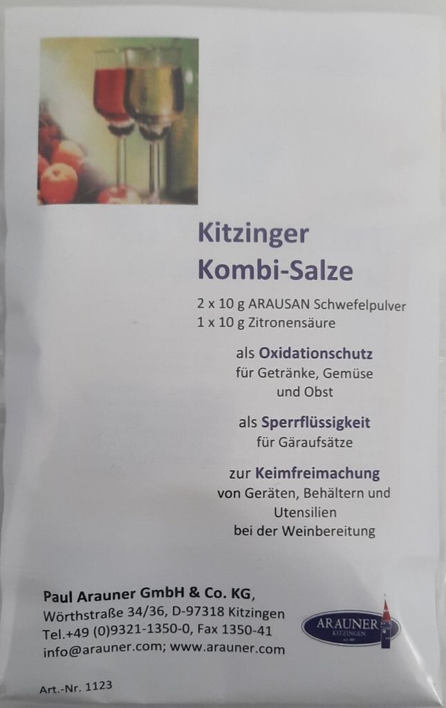 Kitzinger Kombi-Salze, Oxidationsschutz und Keimfreimachung, 2x10g Schwefelpulver und 1x10g Zitronensäure
