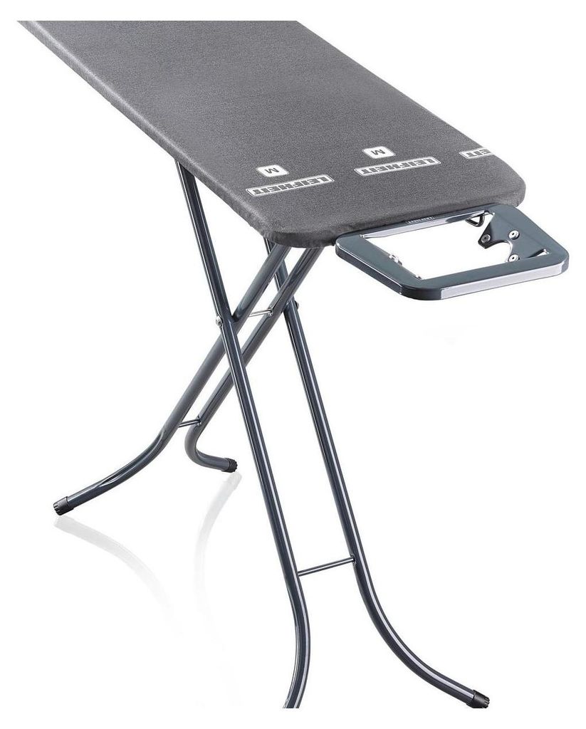 A gray ironing board with black metal legs is shown against a white background.