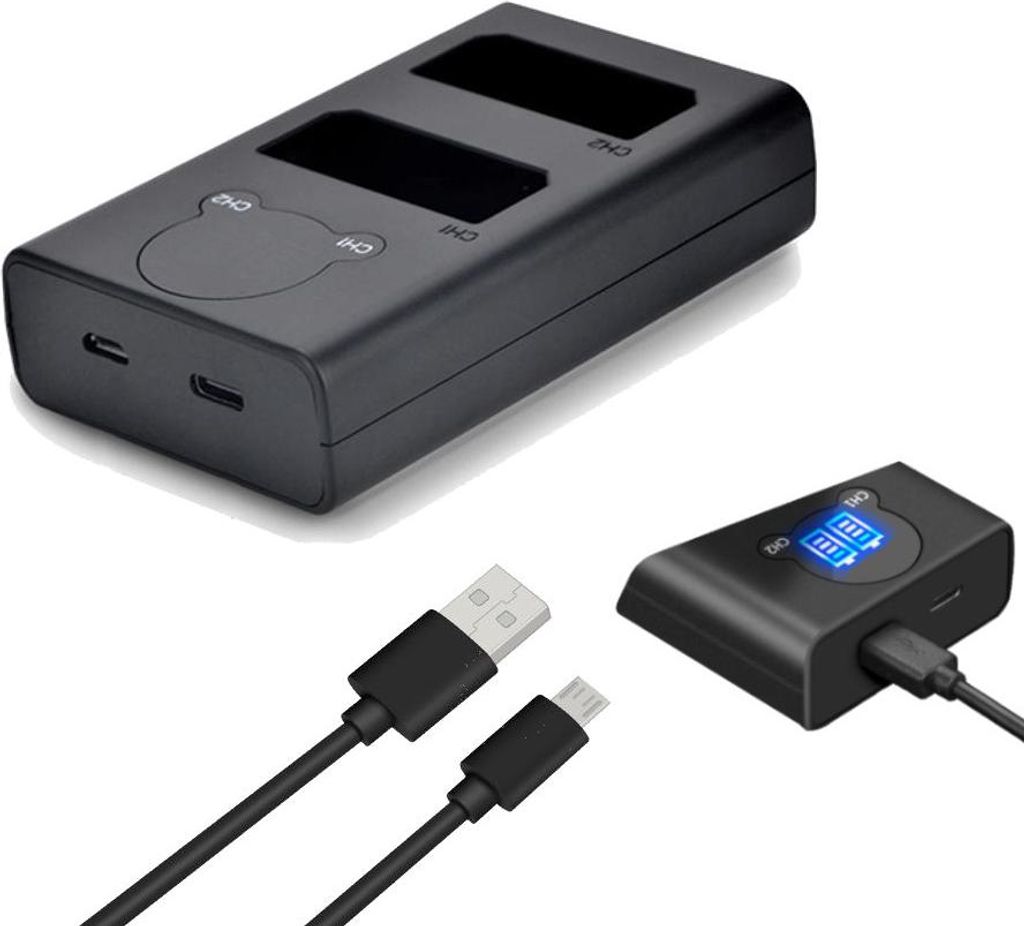 Trade-Shop USB-C Doppel Akku Dual Schnell-Ladegerät für 2 Akkus mit LCD kompatibel mit Canon LP-E5, EOS-450D, EOS-500D, EOS-1000D, Digital Rebel XSi