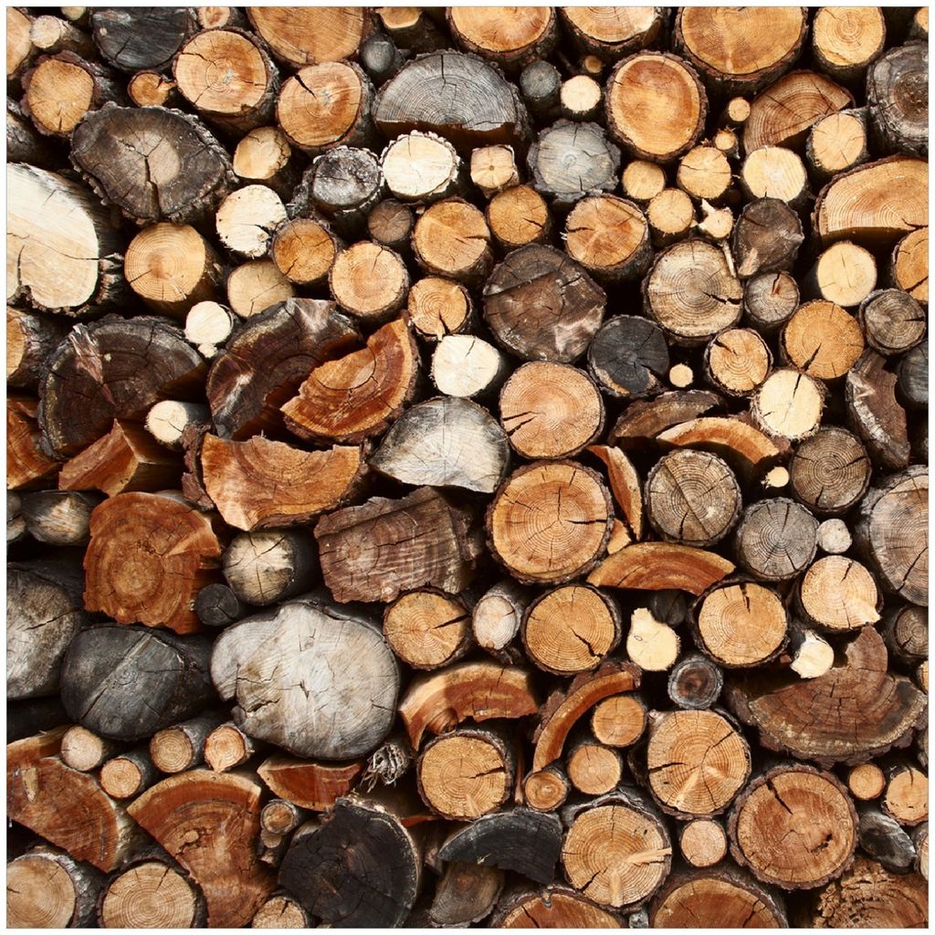 Wallario Premium Glasbild, freischwebende Optik, kräftige Farben, Größe 30 x 30 cm Motiv Dunkler Holzstapel rund