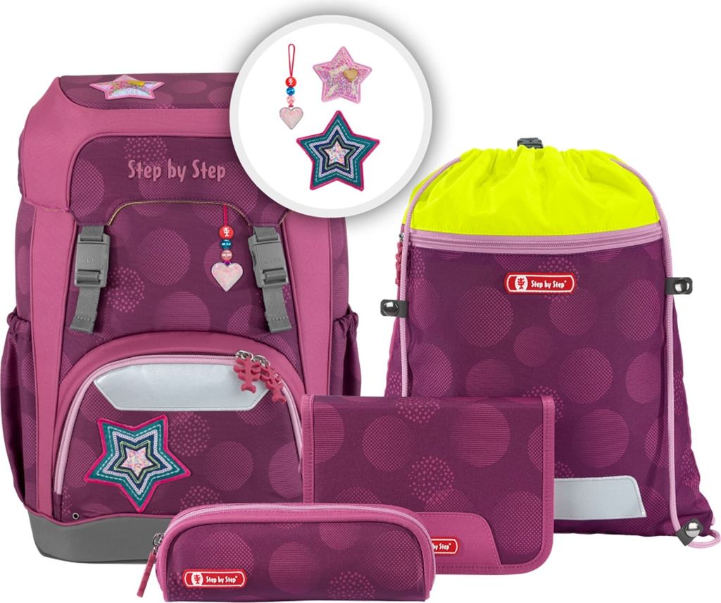 A set of school supplies including a backpack, pencil case, and drawstring bag, all with a purple and pink polka dot design.