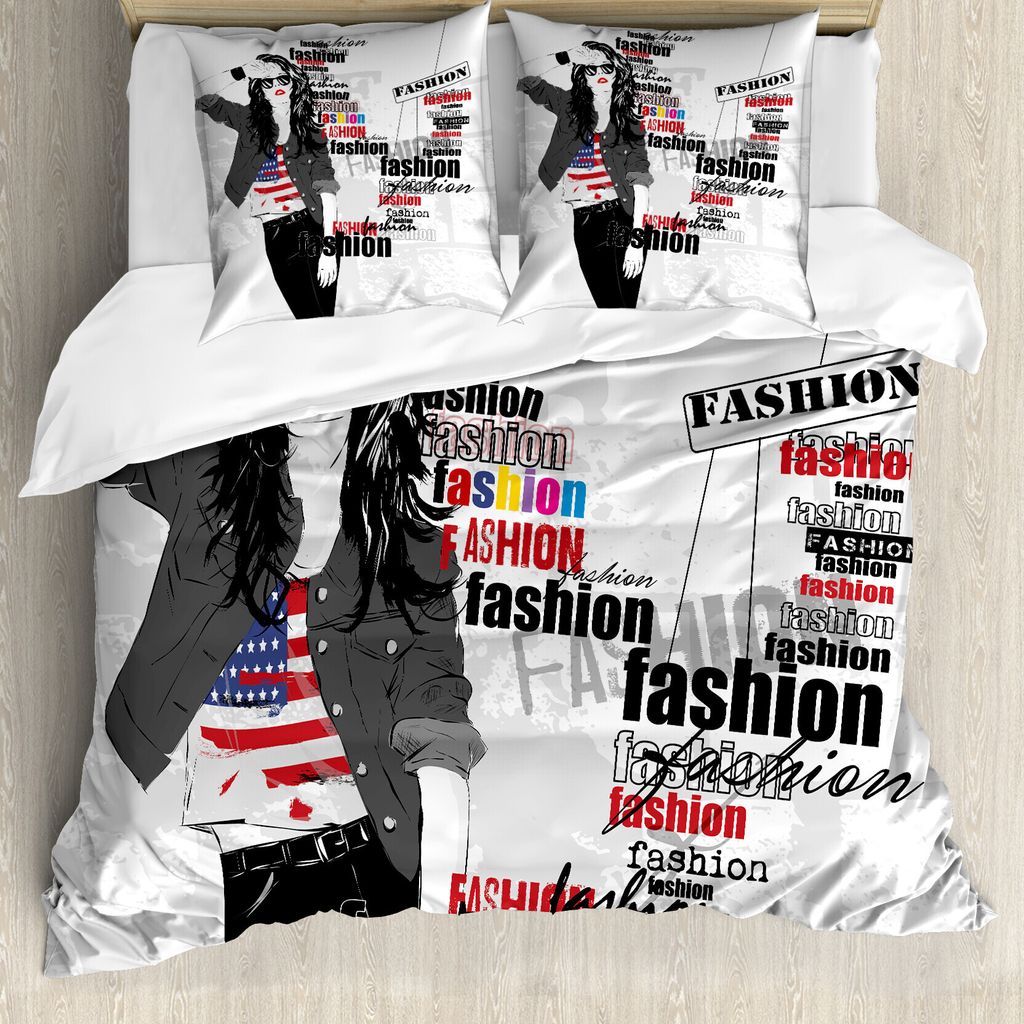 ABAKUHAUS USA Bettbezug, Moderne Teen Girl USFlag, Milbensicher Allergiker geeignet mit Kissenbezügen, 155 cm x 220 cm - 80 x 80 cm, Weiß, Schwar...