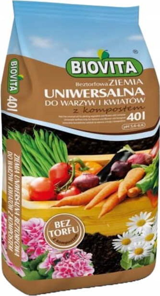 A bag of soil for plants with images of vegetables and flowers.