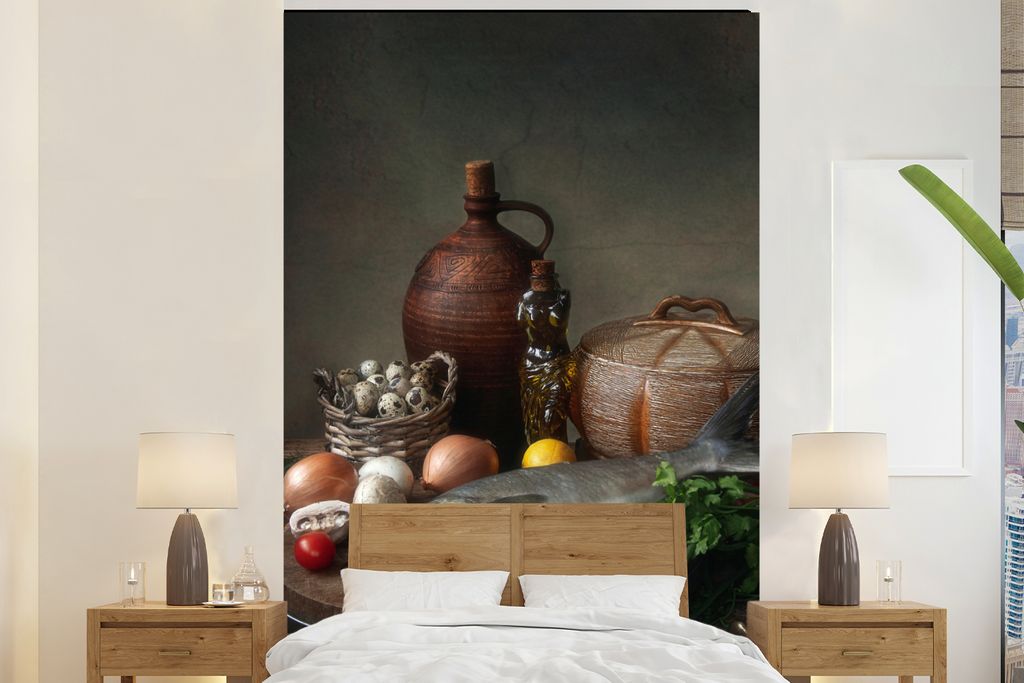 MuchoWow Fototapete für Wohnzimmer oder Schlafzimmer Wandtapete Vinyl Motivtapete Rustikal - Fisch - Stilleben - Gemüse - Kräuter - 160x240 cm...