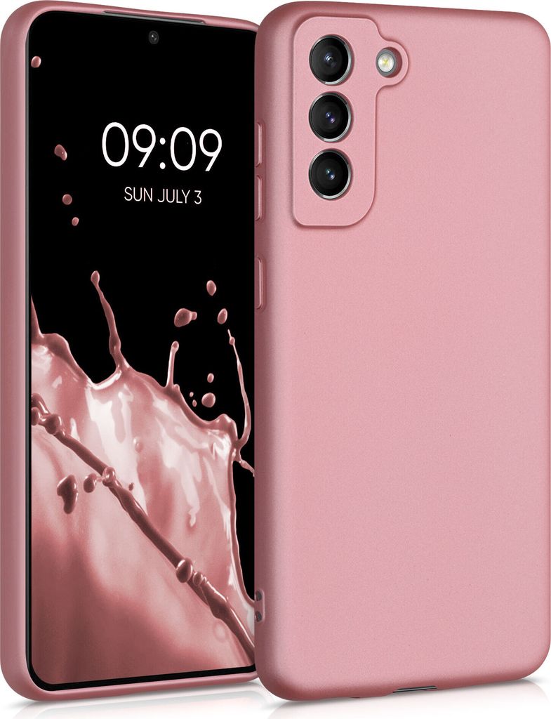 kwmobile Case kompatibel mit Samsung Galaxy S21 FE Hülle - Schutzhülle aus Silikon metallisch schimmernd - Handyhülle Metallic Rosegold
