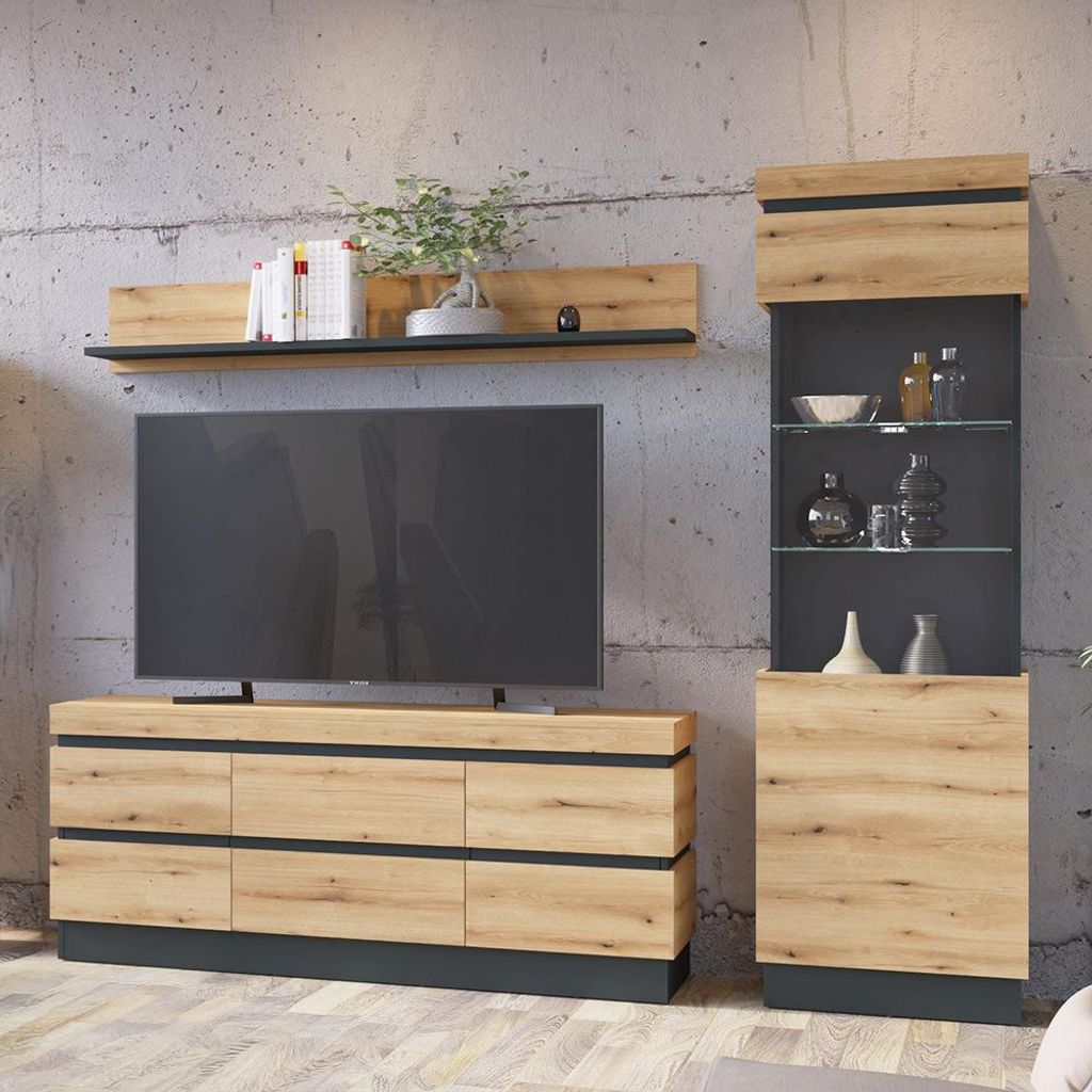 Wohnwand in Eiche modern 240 cm, mit Vitrine, Wandboard & Lowboard, inkl. LED-Beleuchtung, 3-teilig - COLCHESTER-129