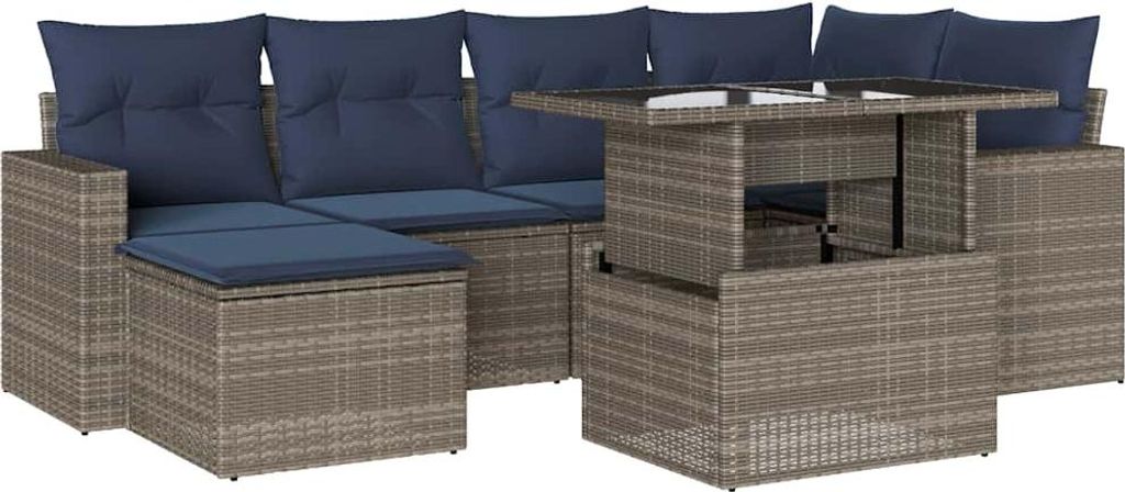 7-teiliges Gartensofa-Set mit Kissen, grau, Polyrattan