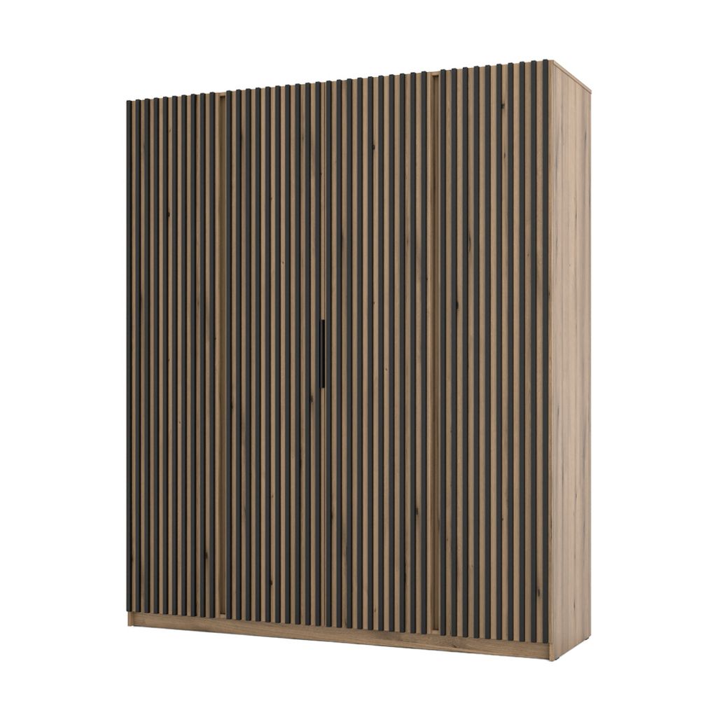 Viertüriger Kleiderschrank 200 VERU – Schwarz / Evoke Eiche / Evoke Eiche