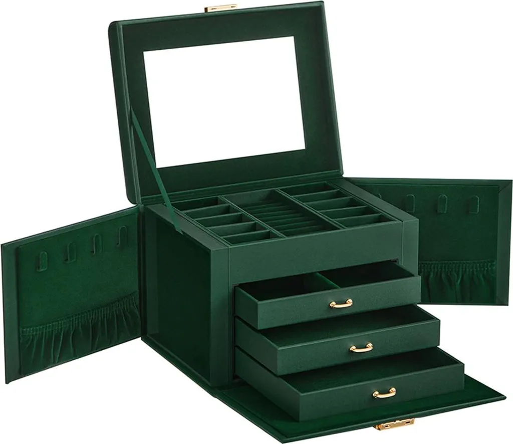 Boîte à bijoux à 4 niveaux avec miroir intégré coloris vert vintage