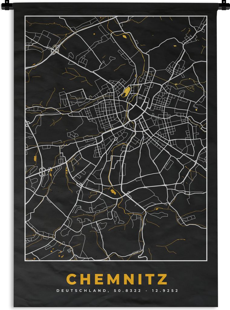 MuchoWow Wandteppich Wandbehang Chemnitz - Deutschland - Karte - Gold - Stadtplan 120x180 cm Tapisserie Dekoration Wandtuch - Schlafzimmer - Deko...
