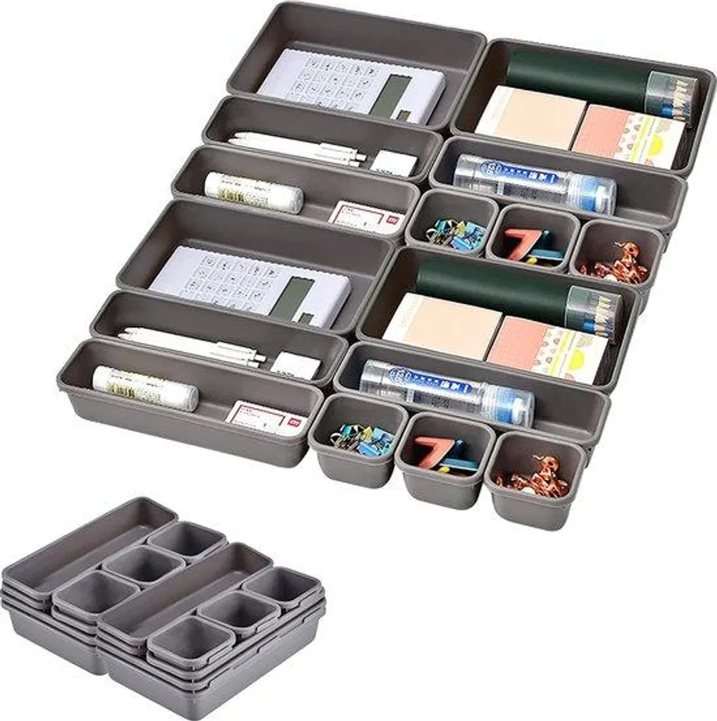 Rangement de tiroir pour bureau et cuisine système 16 pièces gris