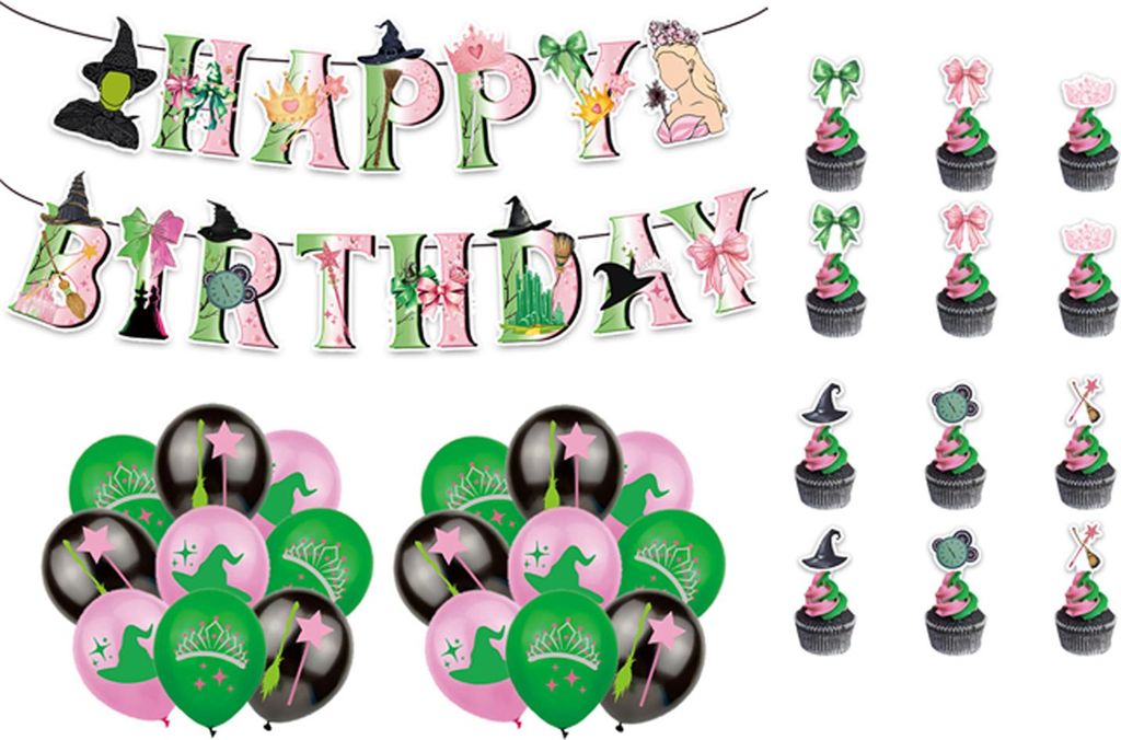 Grün-pinke Party-Dekoration zum Thema „Wicked“, 24 Tortenaufsätze, 18 Luftballons, 1 „Happy Birthday“-Banner, 1 großes Tortenaufsatz-Set...