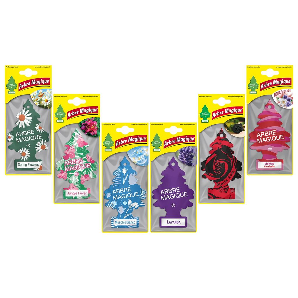 Arbre Magique Mono,Autoduftspender, 6 Stück gemischt mit Jungle Fever, Weißer Moschus, Schwarze Rose, Frühlingsblumen, Veilchen und Gardenie, La...