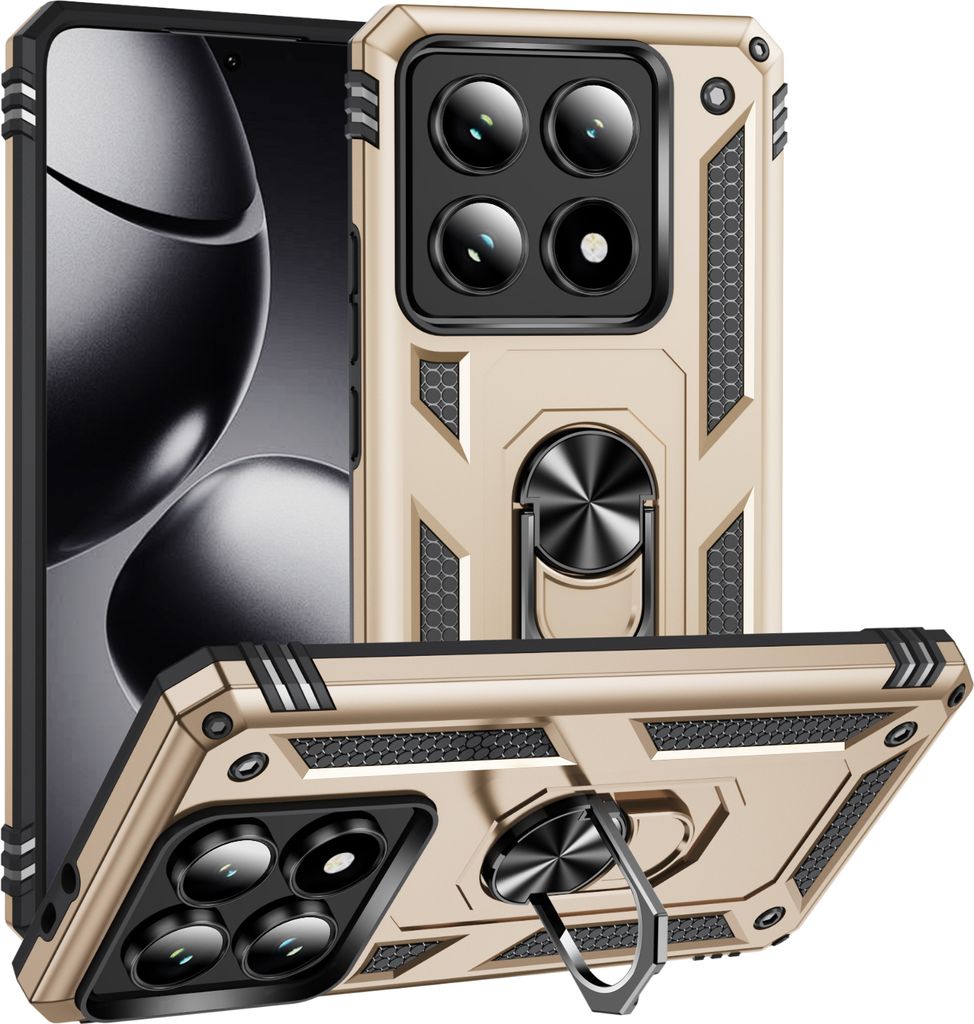Schutzhülle für Xiaomi 14T Pro Dual Layer Robust Militäre Fallschutz Hülle mit Ringhalterung Ständer Gold