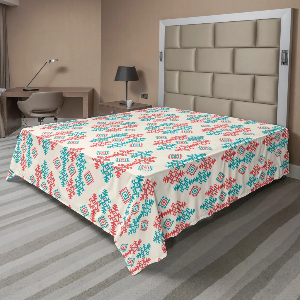 Drap de lit ethnique ABAKUHAUS motifs aztèques corail et turquoise 266x260