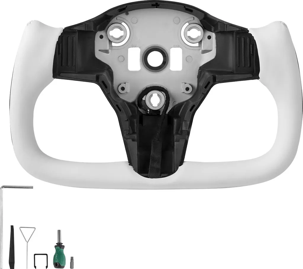Volant Tesla Model 3 Carbone et Cuir Blanc Antidérapant avec Chauffage