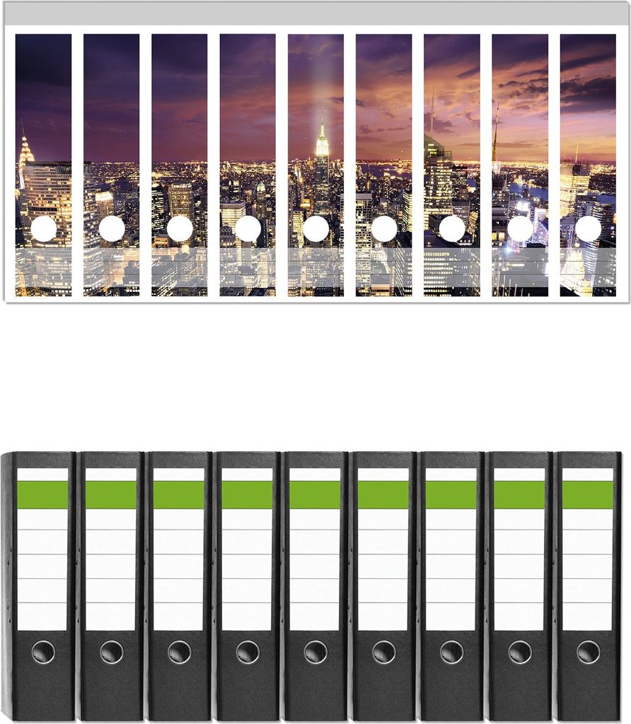 Wallario 9 Stück breite Ordner inkl. Klebeetiketten mit Motive New York bei Nacht - Panoramablick über die Stadt - Set mit Rückenschildern / Ord...