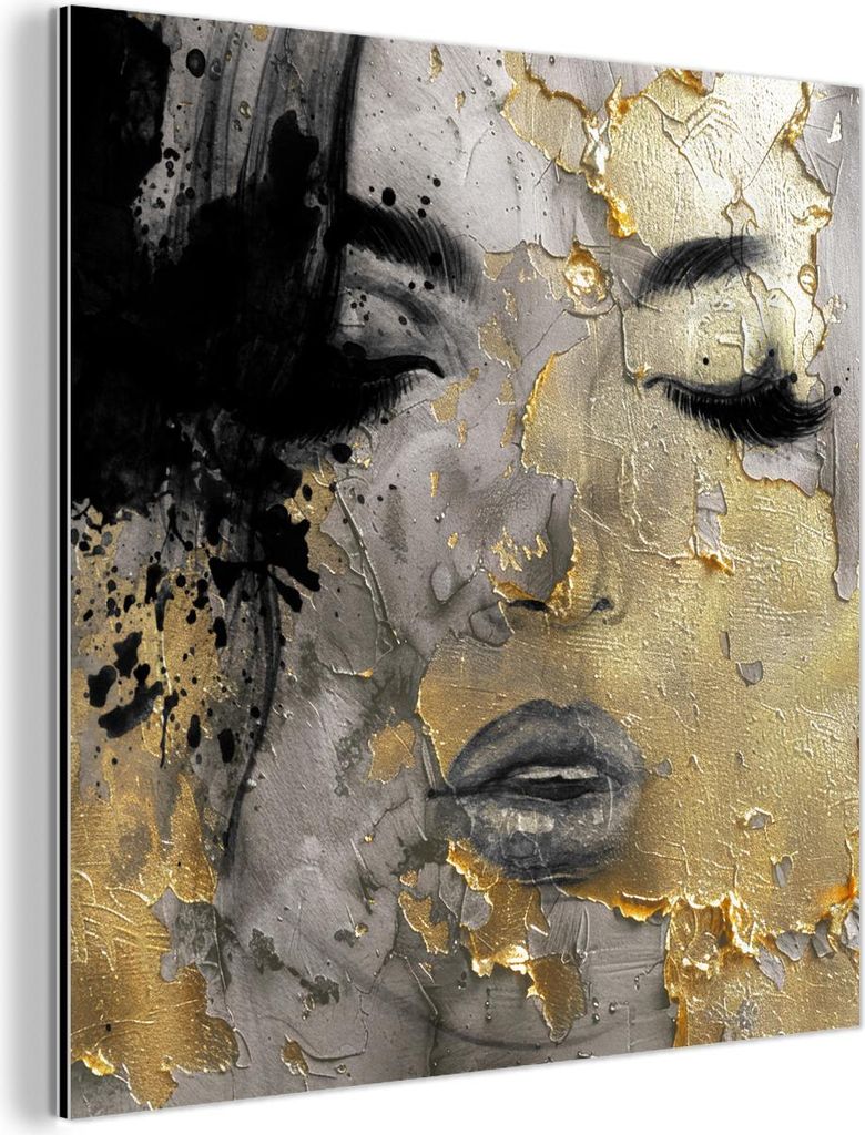 MuchoWow Wanddekoration Metall Metallbild Wandkunst 50x50 cm Frau - Kunst - Gold - Schwarz MuchoWow Aluminium Gemälde - Alubild - Industrial