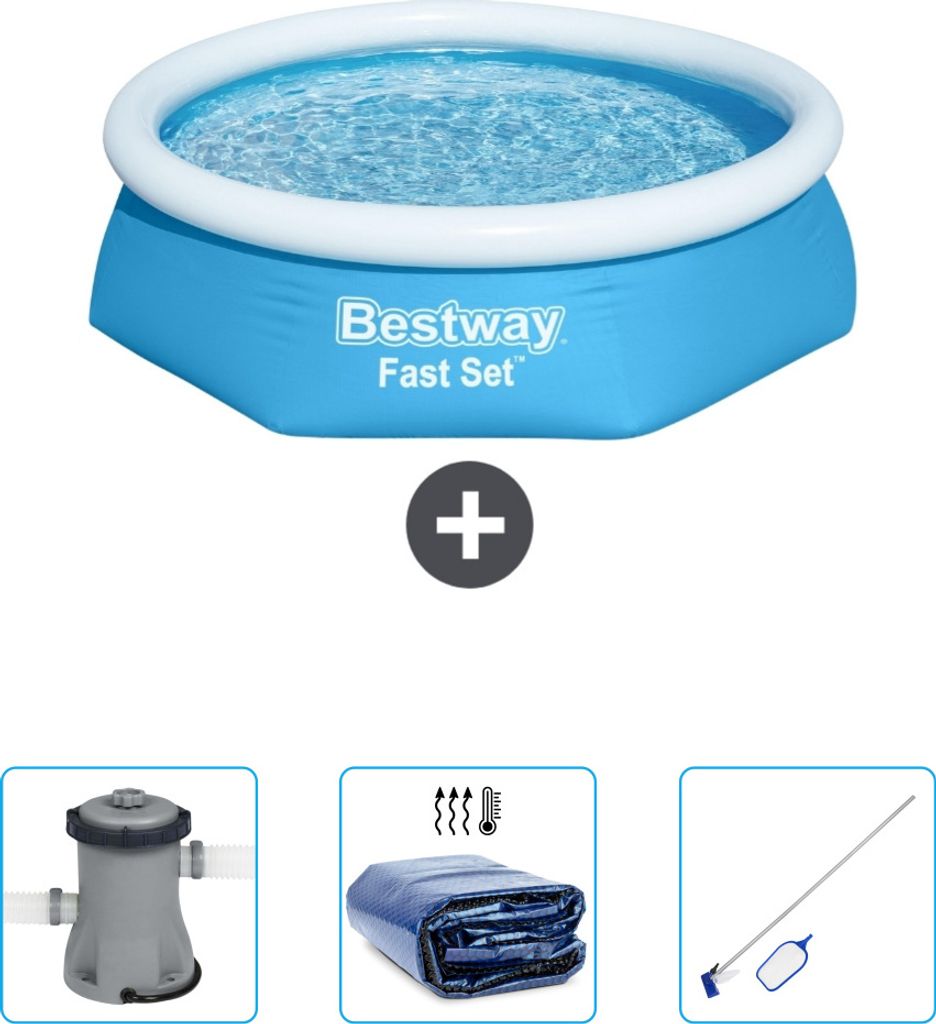 Bestway runder aufblasbarer Fast-Set-Pool – 244 x 61 cm – Blau – im Lieferumfang enthalten Pumpe - Sonnensegel - Reinigungskit
