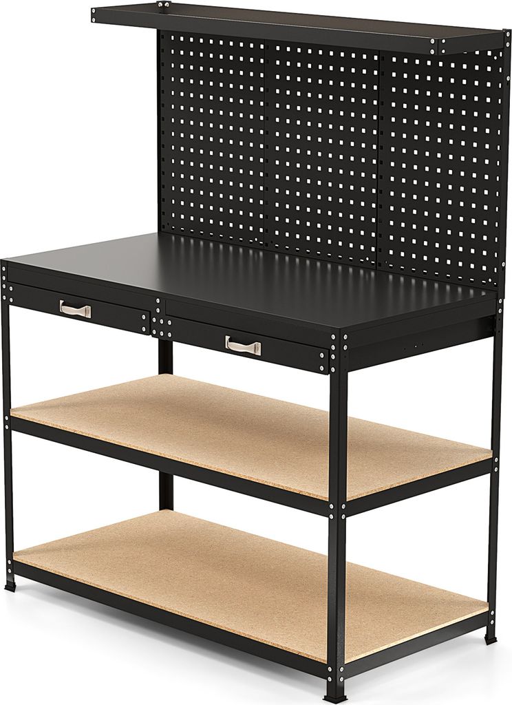 COSTWAY Werkbank Arbeitstisch, Werktisch Werkzeugbank bis 230kg mit Lochwand, Schubladen, regalen & 24 Hängehaken 121x65x156cm Schwarz