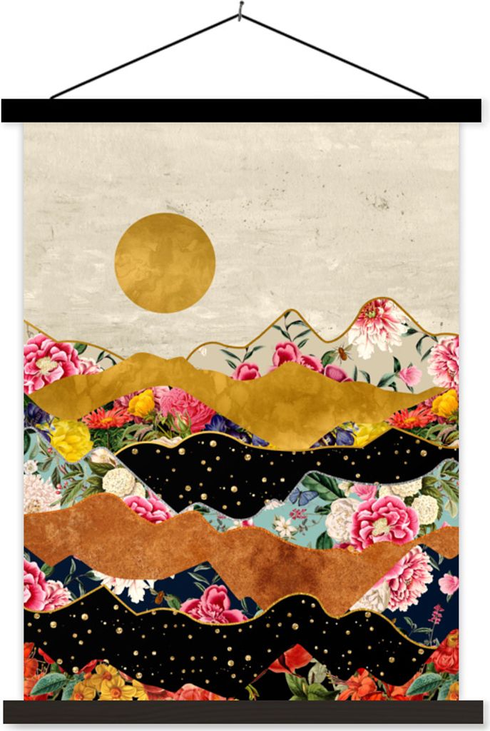 MuchoWow Textilposter Blumen - Gold - Marmor 40x53 cm mit schwarzem Rahmen - Abbildung