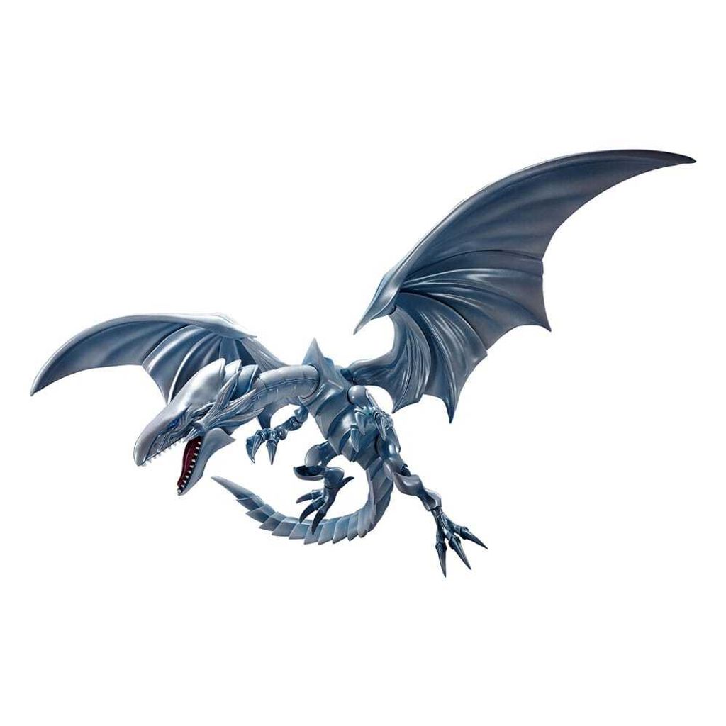 A white background with a blue-white dragon figurine in a dynamic pose.