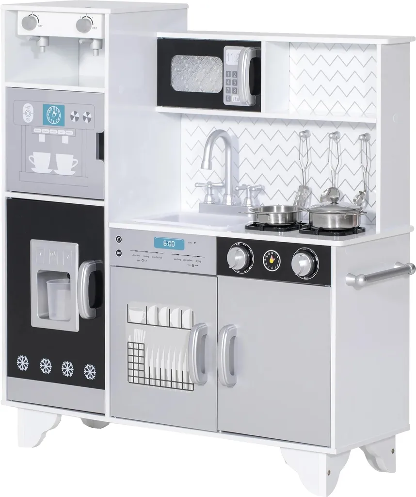 Cuisine jouet en bois blanc avec sons interactifs et accessoires inox