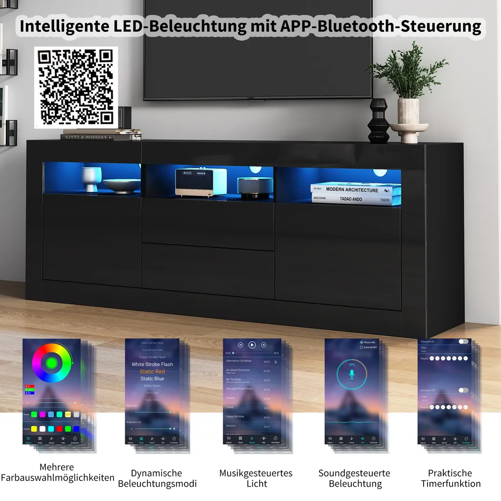 Banc TV Moderne Laqué Blanc avec Rangement Multimédia et Éclairage LED App
