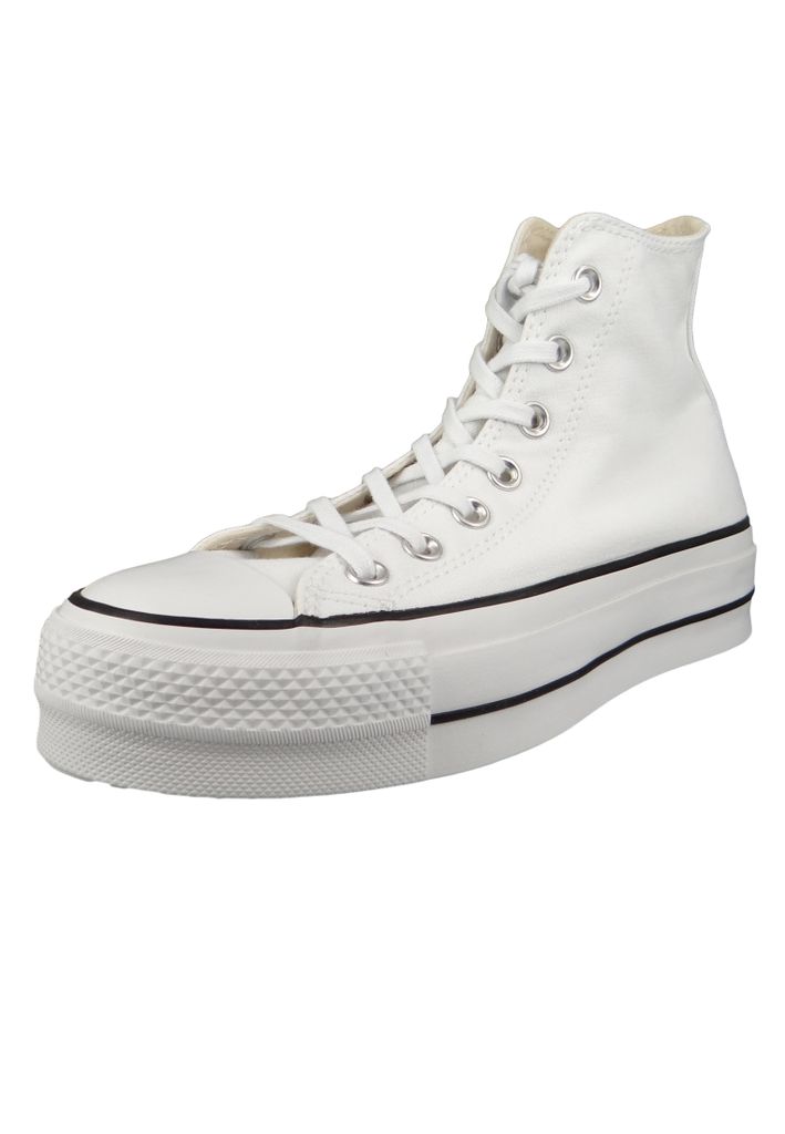 A white Converse Chuck Taylor All Star high-top sneaker with a platform sole is shown against a white background.