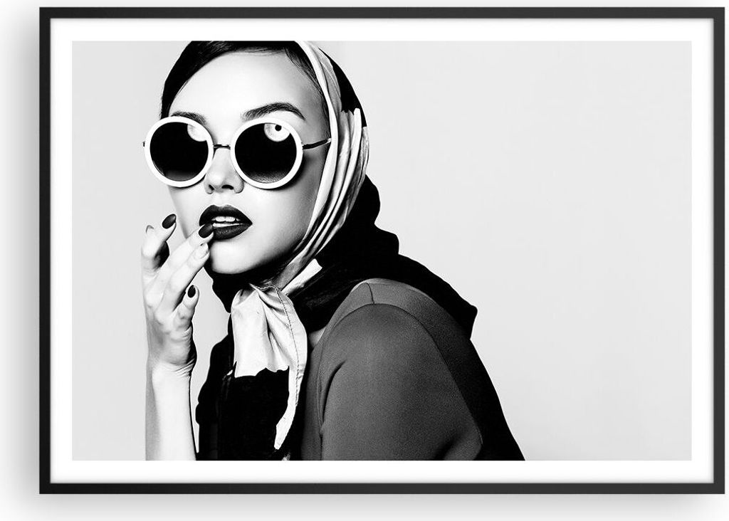 Gerahmtes Poster - Schwarzer Rahmen - Frau Brille Jahrgang - 100x70 cm - Wand Bild - Wanddeko - Wandbilder - Kunstposter - Wandposter - Bilderrahme...