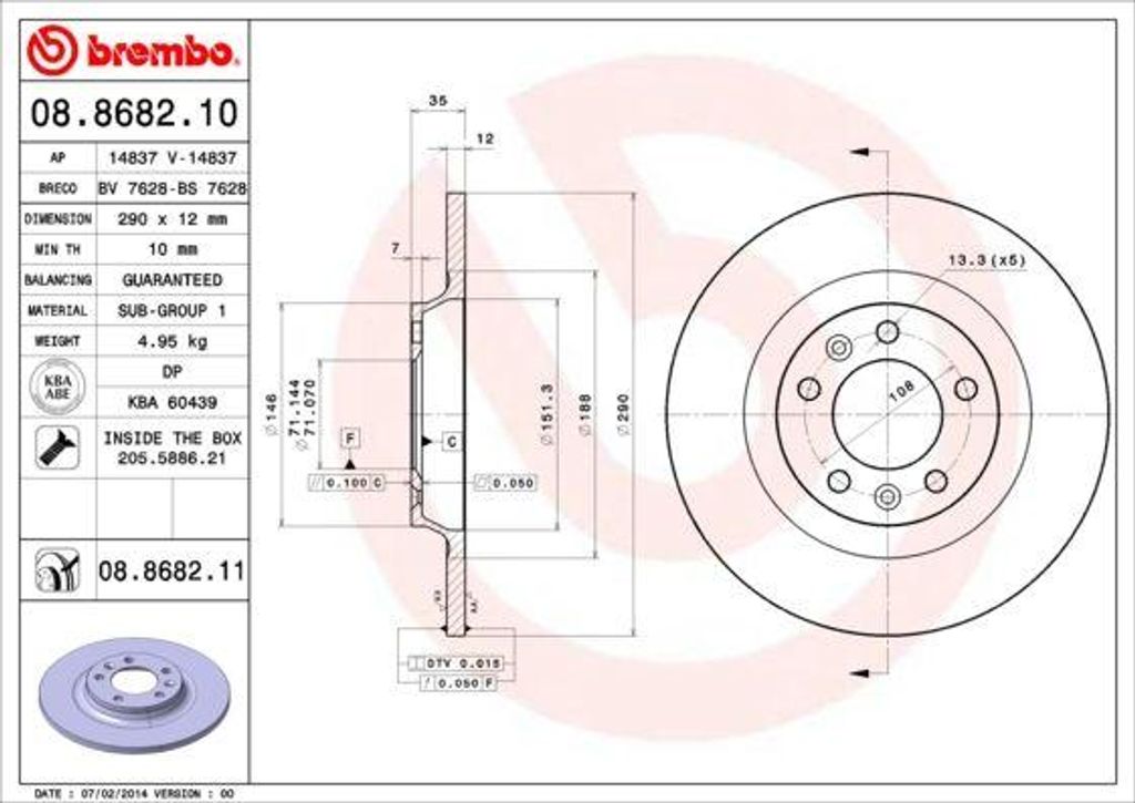 BREMBO 08.8682.11 Bremsscheibe OE 424972 kompatibel mit C5, 407, 508, 607, RCZ