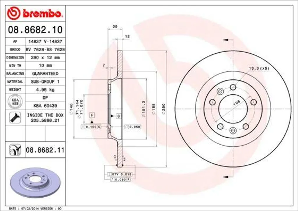 Disque de Frein Brembo 08.8682.11 Haute Résistance pour Berline 508