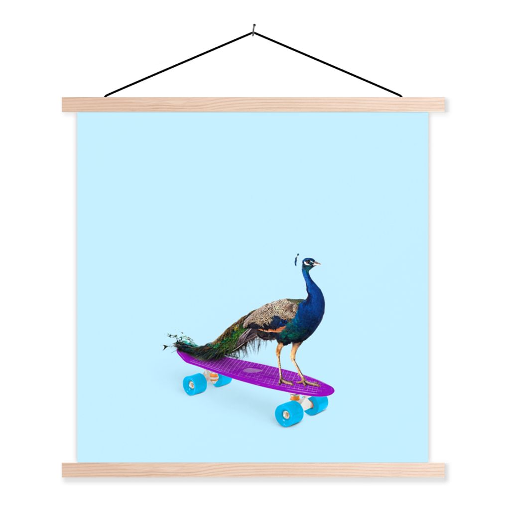 MuchoWow Textilposter Pfau - Blau - Skateboard - Tiere - Lustig 60x60 cm mit holzfarbenen Rahmen - Wanddekoration