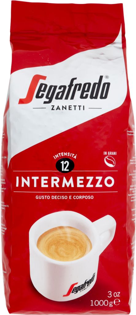 A bag of Segafredo Intermezzo coffee beans with a cup of coffee shown.