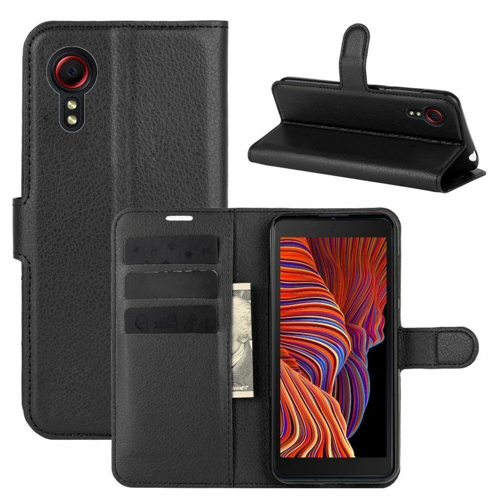 A black leather wallet case for a smartphone is shown from multiple angles, including a closed view, an open view showing the phone and card slots, and a stand-up view.
