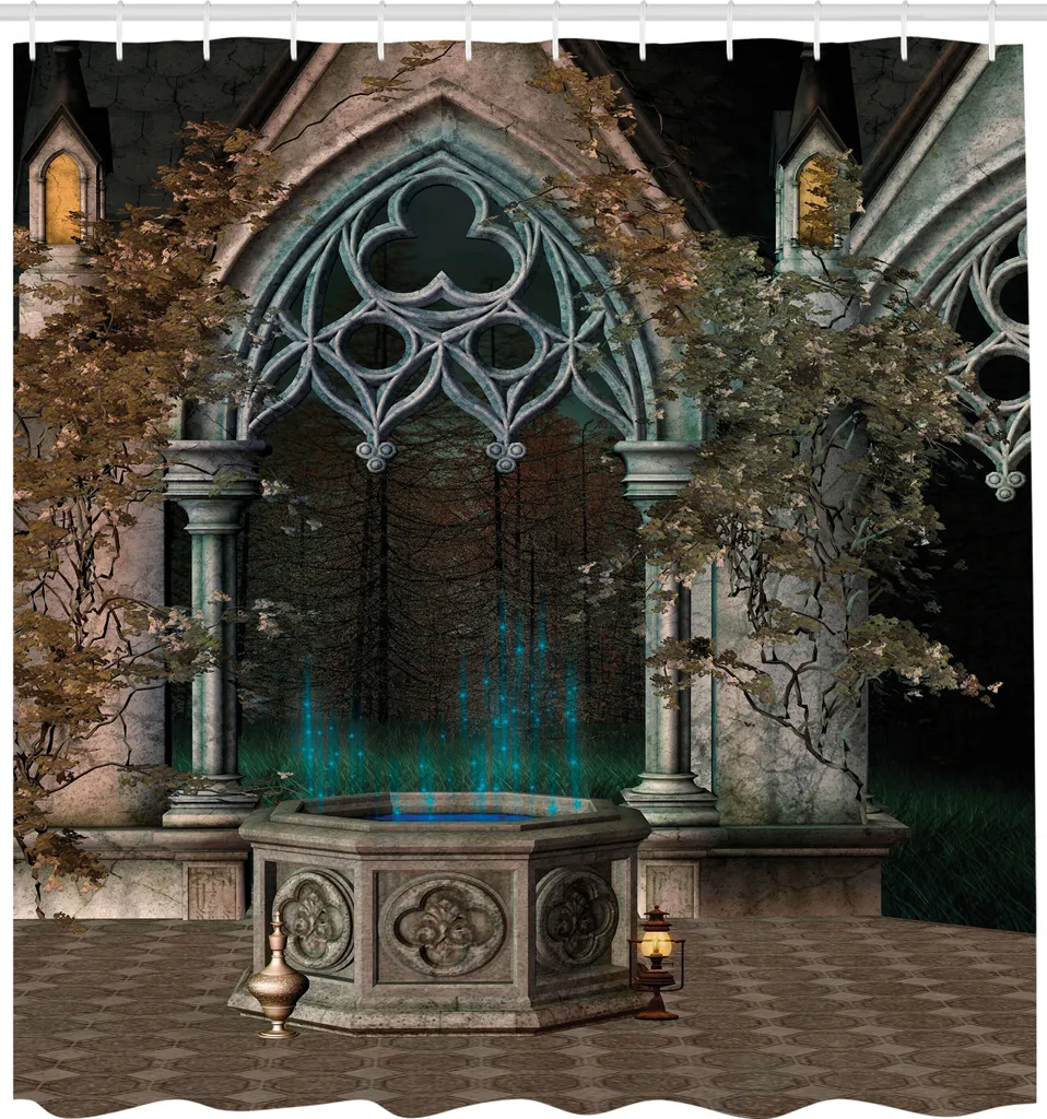 ABAKUHAUS Tenda da doccia gotica, Terrazza mistica con edera incantata su sfondo antico verso la foresta magica, Set decorativo per bagno in tessuto con ganci, 175x220 cm, grigio verde acqua