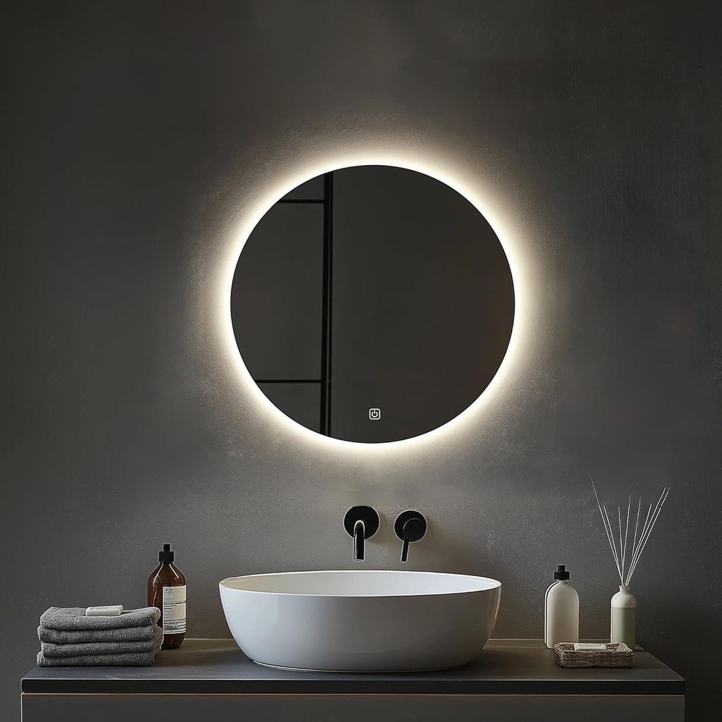 Rund Badezimmer Wandspiegel, Badspiegel Mit Beleuchtung, 50cm Spiegel mit LED Licht, Touch Schalter und 3 Farben Dimmbar