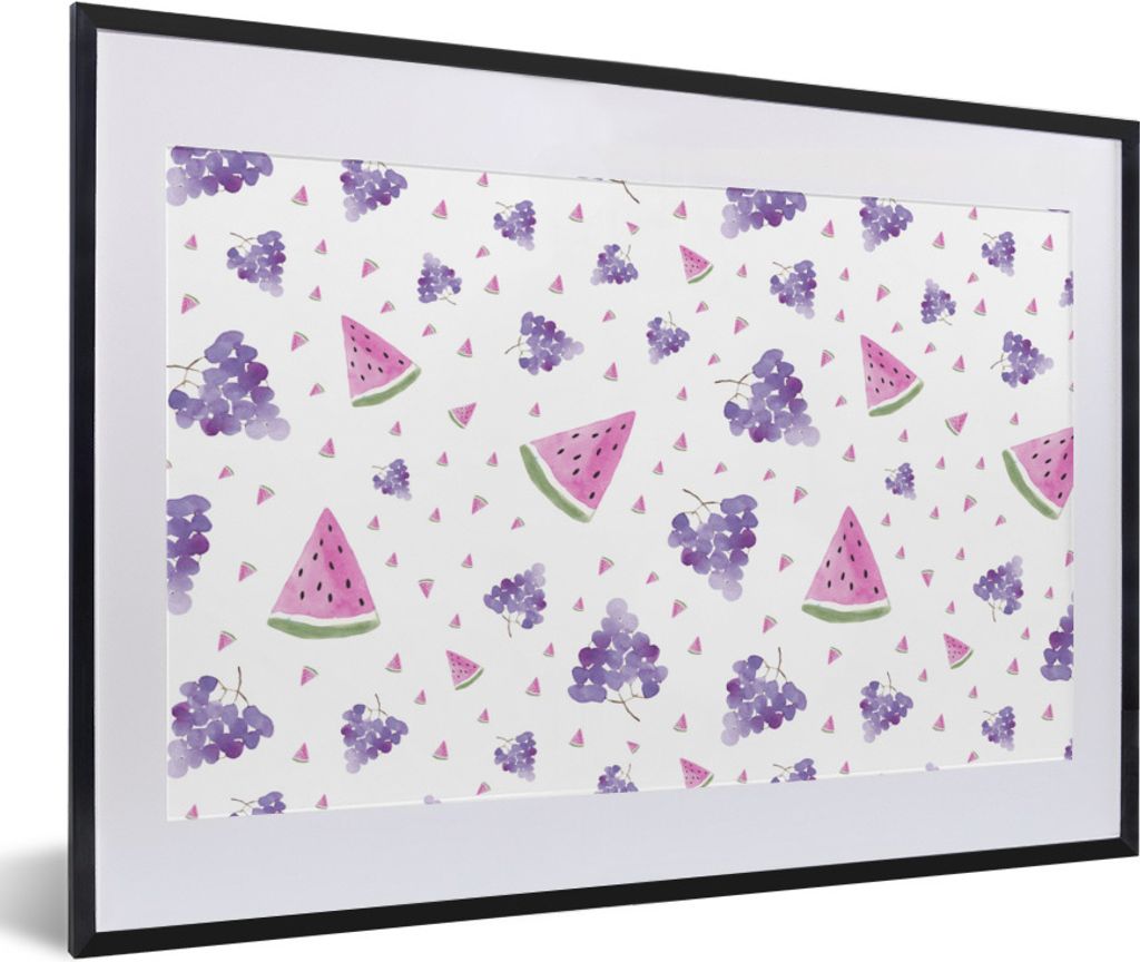 MuchoWow Gerahmtes Poster Weintrauben - Wassermelone - Pastell 60x40 cm - Poster mit Schwarzem Bilderrahmen Wandposter Rahmen Foto Bilder - Schla...