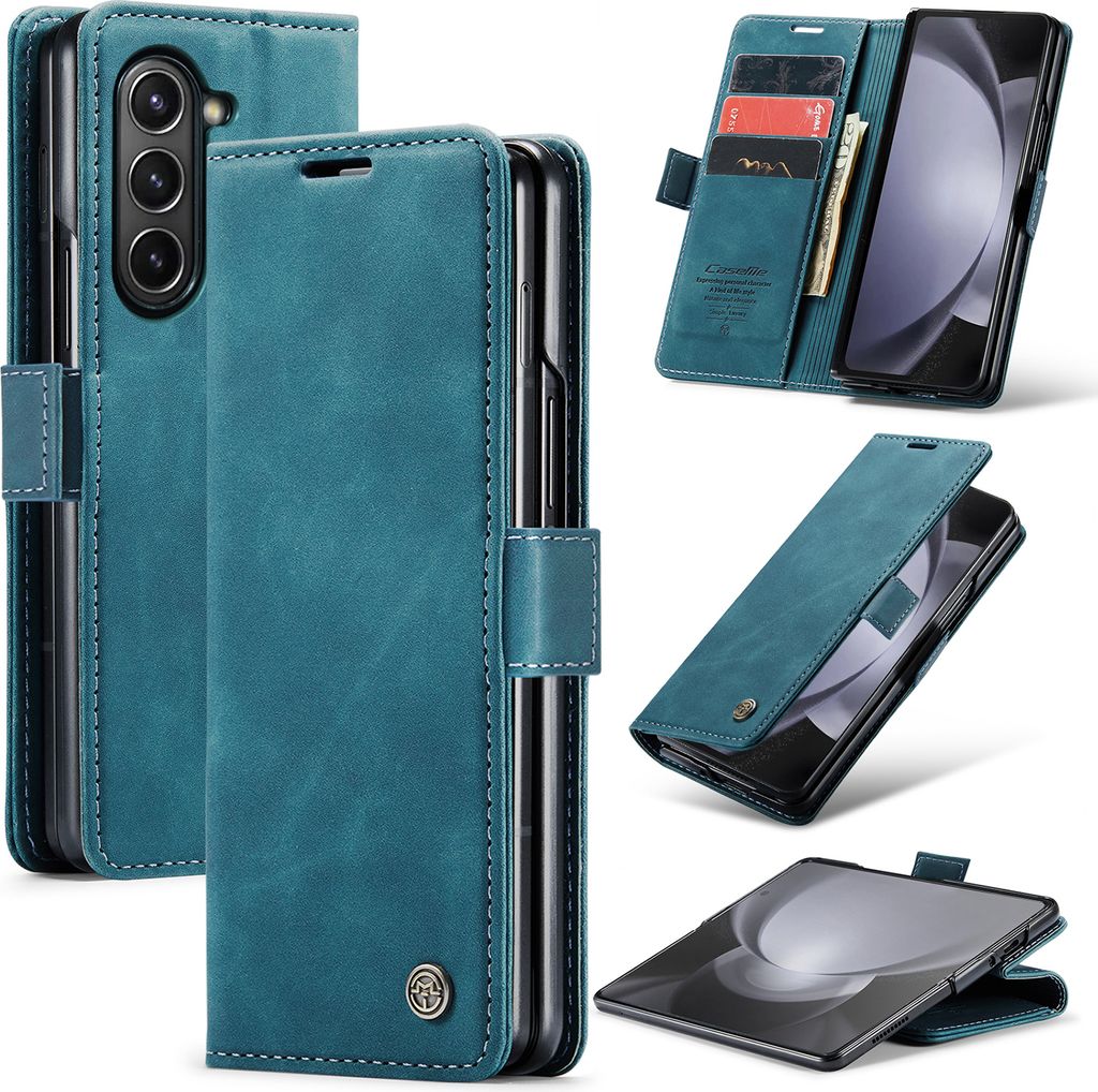 Galaxy Z Fold5 Hülle, Retro Kunstledertasche mit Standfunktion Schutzhülle für Samsung Galaxy Z Fold 5 5G Blau
