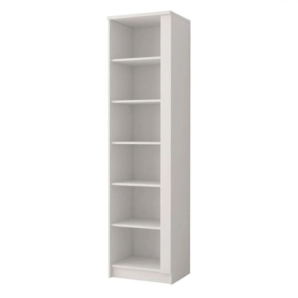 A tall, narrow, white bookshelf with six shelves.
