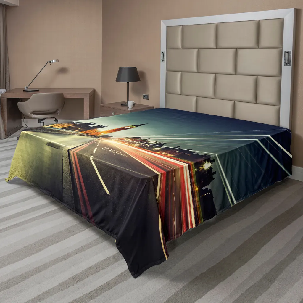 Drap de Lit Confortable Motif Londres Big Ben 244x205cm Bleu et Jade