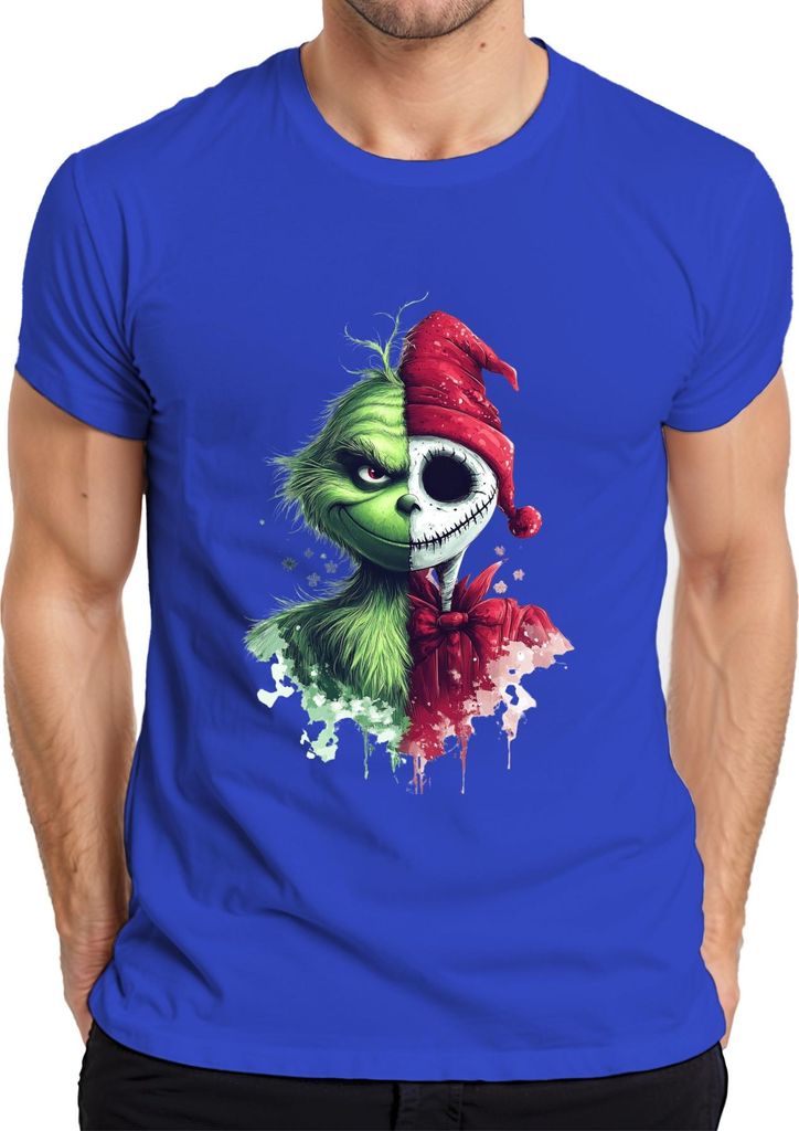 Grinch Jack Skellington Halbgesicht Weihnachten Grusel Halloween Herren T-Shirt, Blau, M